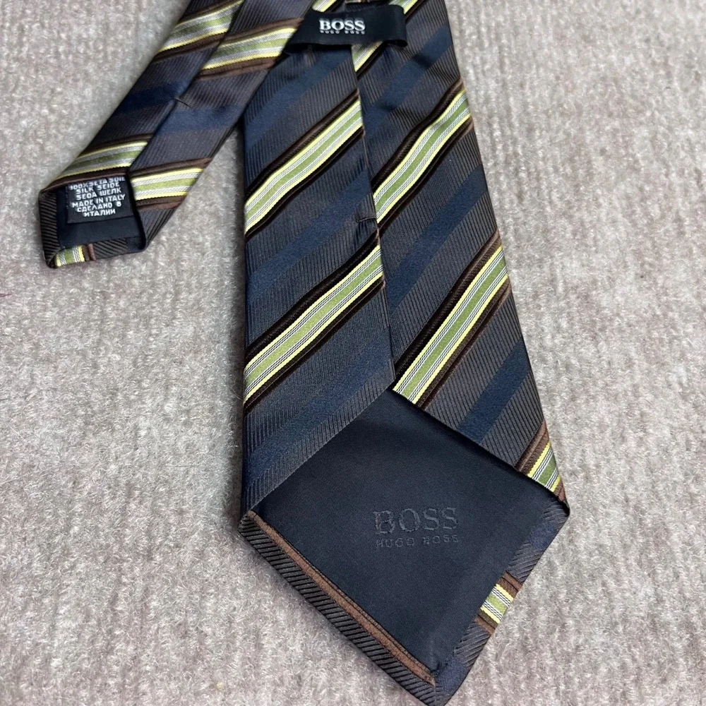 Hugo Boss Tie Mens OS Striped Silk Blue Brown Green Made in Italy Professional